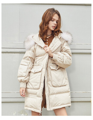 

Tide brand winter new zipper hooded fur collar pocket long paragraph warm down jacket