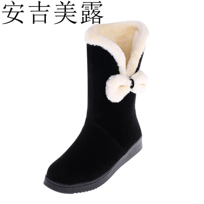 

安吉美露秋冬新款中低跟平底雪地靴短靴蝴蝶结毛毛中筒女靴大小码学生靴33-40