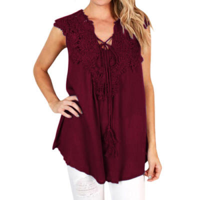 

UK Womens Summer Lace Crochet Sleeveless Loose Chiffon T-Shirts Blouse Tops Hot