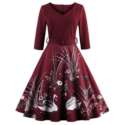 

Spring vintage print dress 50s elegant style v-neck half sleeve pleated dress defined waist with belt plus size women Retro Dress