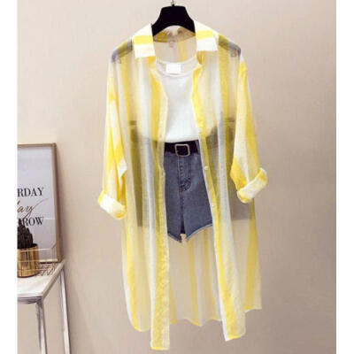 

Women Chiffon Stripe Cardigan Shawl Coats Tops Beach Sunscreen Cover Up Blouse