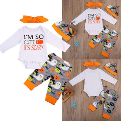 

4PCS Halloween Newborn Baby Boys Girls Long Sleeve Romper Pants Outfits Clothes