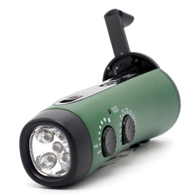 

Outdoor portable LED flashlight FM AM radio speaker security alarm emergency Mobile phone charging treasure Hand power generation