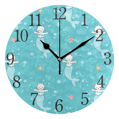 

Wall Clock Arabic Numerals Design Cat Mermaid Round