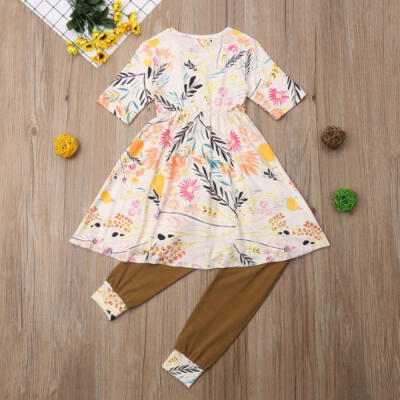 

2PCS Newborn Kid Baby Girls Flower Tops Dress Long Pants Outfits Clothes Casual