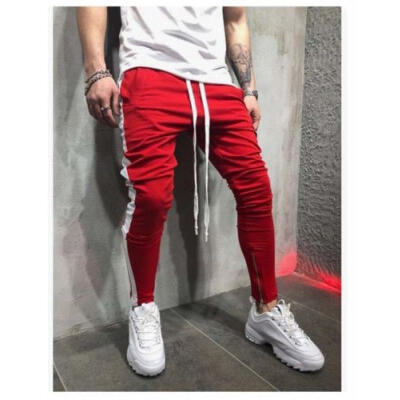 

MEN HIPSTER Jogger Gym Workout TRACK SIDE COLOR STRIPE TRACK ANKLE ZIP PANTS