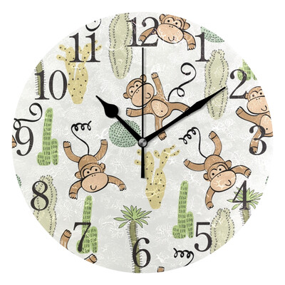 

Wall Clock Arabic Numerals Design Cactus And Monkey Round