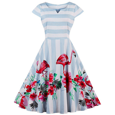 

Floral Flamingo Print Striped Vintage Dress