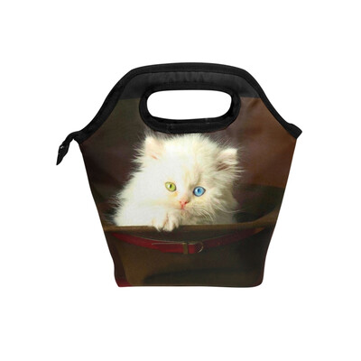 

Insulated Lunch Tote Bag White Cat Travel Picnic Lunch Handbags Portable Zipper Lunch Bag Box