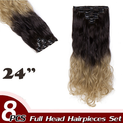 

17" Curly Hair Full Head Clip in Hair Extensions Synthetic 8 Piece 18 Clips Hairpiece Long Wave Trendy Design for Women