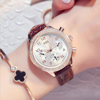 

Fashion Arabic Numeral Crystal Stainless Steel Leather Quartz Analog Wrist Watch