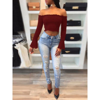 

Summer Women Casual Off Shoulder Tank Top Vest Blouse Long Sleeve Crop Top Shirt