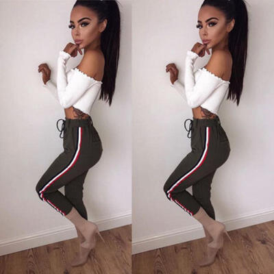

New Womens Casual Striped Pants Elastic High Waist Cropped Length Trousers Pant