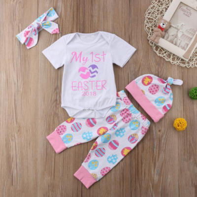 

Newborn Baby Girls My 1st Easter Clothes Romper Leggings Pants Hat Headband Set