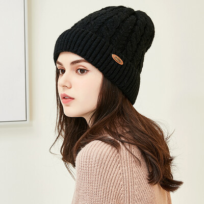 

Lan Shi rain hat female winter wool hat Korean version of the tide wool yarn plus velvet warm knitted head cap M0352 black