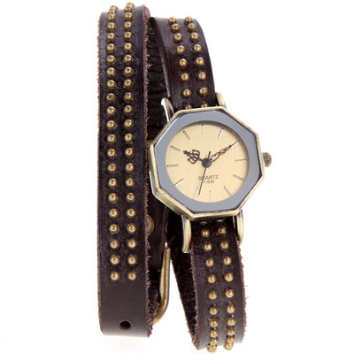 

Elegant Design Women Lady Quartz Wrist Watch Vintage Rivets Octagon Bronze Wrap Strap Bracelet