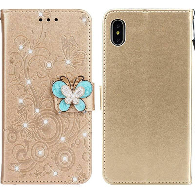 

MOONCASE Apple iPhone XR Butterfly Rhinestone Embossed Leather Case - Gold