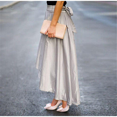 

Elegant Women Slip Satin High Waist Skater Flared Pleated Swing Long Skirt Dress