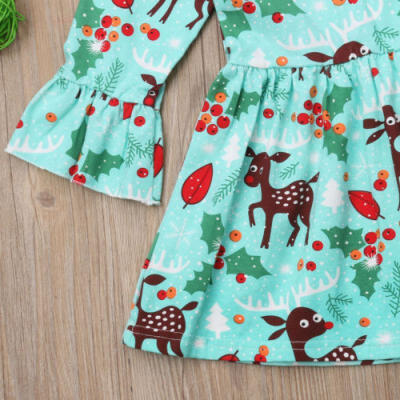 

UK Xmas Skirt Kids Baby Girls Princess Party Dress Deer Cotton Tutu Dresses 1-7Y