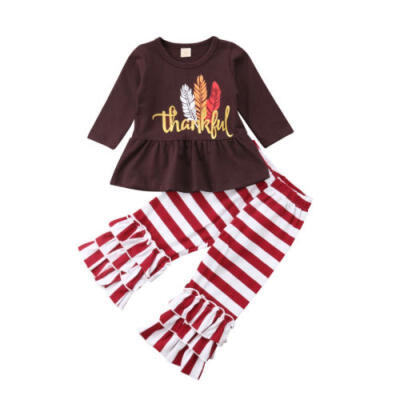 

Toddler Kid Baby Girl Thanksgiving Dress Tops Stripe Ruffle Pants Outfit Clothes