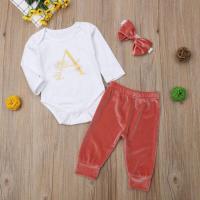 

3PCS Baby Girls Romper BodysuitVelvet Long Pants Headband Outfits Clothes Set