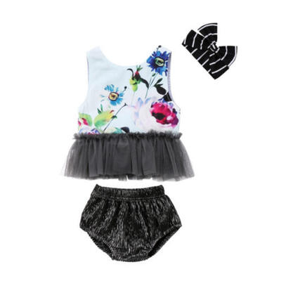 

Kids Baby Girls Outfit Floral T-shirt TopsPantsHeadband 3pcs Sunsuit Clothes