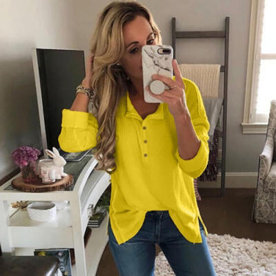 

Fashion Womens Ladies Autumn Solid Color V Neck Loose Blouse Tops T-Shirt