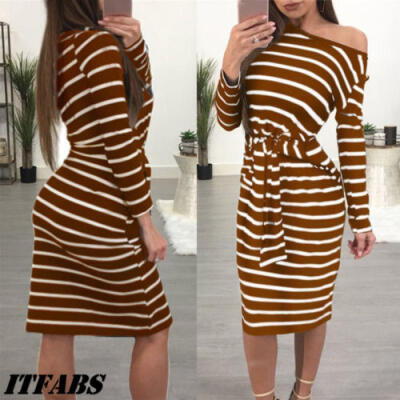 

US STOCK Womens Long Sleeve Stripe Party Crew Neck Bandage Bodycon T-shirt Dress