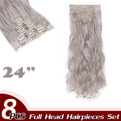 

17" Curly Hair Full Head Clip in Hair Extensions Synthetic 8 Piece 18 Clips Hairpiece Long Wave Trendy Design for Women