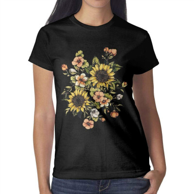 

Lovely Sunflower Decor Womens Black t Shirts Custom Women Cotton tee Shirt