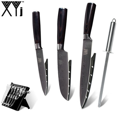 

XYj Hot Kitchen Knife Color Wood Handle Stainless Steel Cooking Knife Tool Holder Sharpener Bar