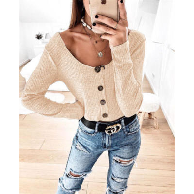 

AU New Women Striped Knitted Shirt Long Sleeve Blouse Tops Beach T-Shirts 6-18