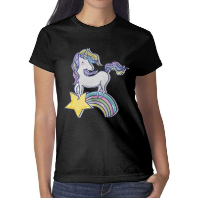 

Pink Unicorn Rainbow with Star Womens Black t Shirts Vintage Pretty Women Cotton tee Shirt