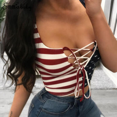 

Women Summer Tops USA Flag Lace Up Crop Tops Cropped T Shirt Casual Blouse BH