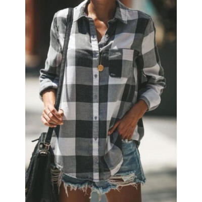 

Fashion Womens Plain Casual Shirt Blouse Plaid autumn Fitted Soft Cotton