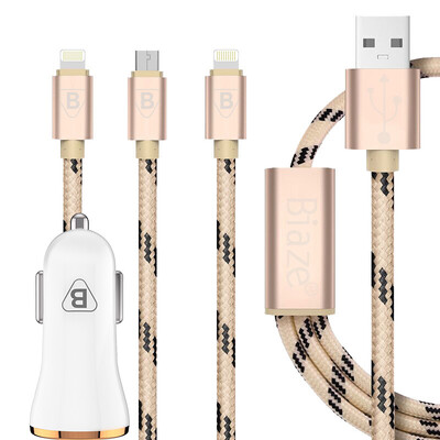 

BIAZE MC7 двойной USB / 2.4A автомобильное зарядное устройство + тройной (Apple × 2 Эндрюс × 1) мобильный телефон кабель для передачи данных K7 1,2 м золото для iPhone6s / Plus просо Huawei
