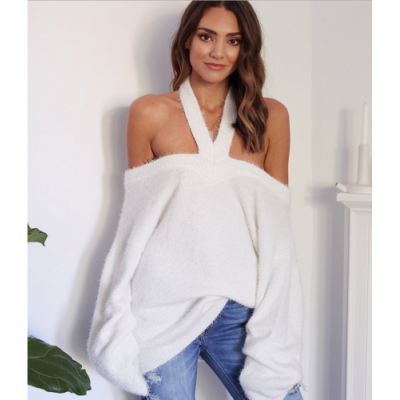 

Womens Backless Long Sleeve Halter Backless Off-Shoulder Sweater Knit Top Blouse