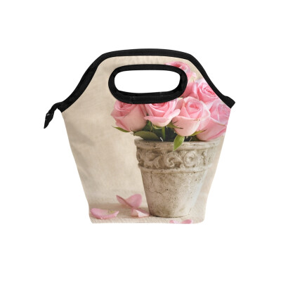 

Lunch Bag Pink Rose Tote Travel Picnic Insulated Handbags Portable Zipper Lunch Bag Box