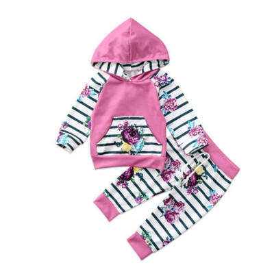 

New Newborn Baby Girls Striped Floral Hooded Tops Pants 2Pcs Outfits Set Clothes