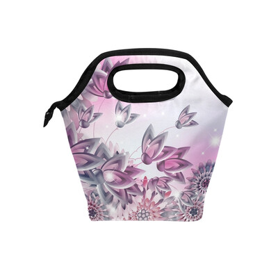 

Lunch Bag Purple Flower Tote Travel Picnic Insulated Handbags Portable Zipper Lunch Bag Box