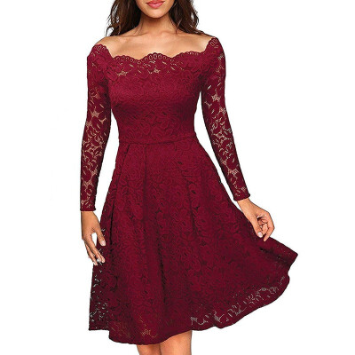 

Womens Vintage Floral Lace Long Sleeve Dress Boat Neck Cocktail Formal Swing Dress