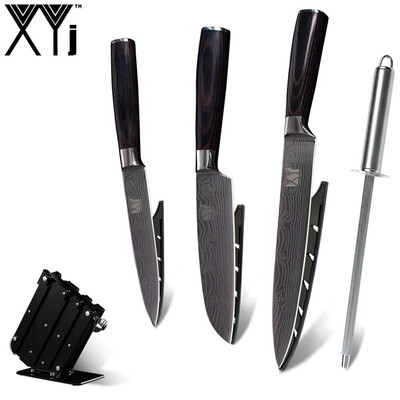 

XYj 2019 Kitchen Knife Color Wood Handle Stainless Steel Cooking Knife Black Tool Holder Sharpener Bar