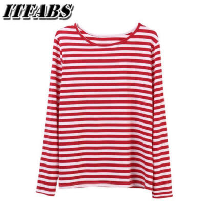 

US Stock Women Summer Long Sleeve T-shirt Loose Striped O Neck Tops Plus Size