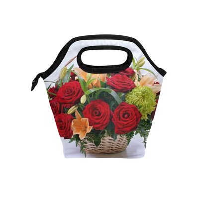 

Lunch Bag Roses In Basket Tote Travel Picnic Insulated Handbags Portable Zipper Lunch Bag Box