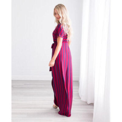 

Womens Vintage Striped Short Sleeve Long Maxi Dress BOHO Holiday Party Dress