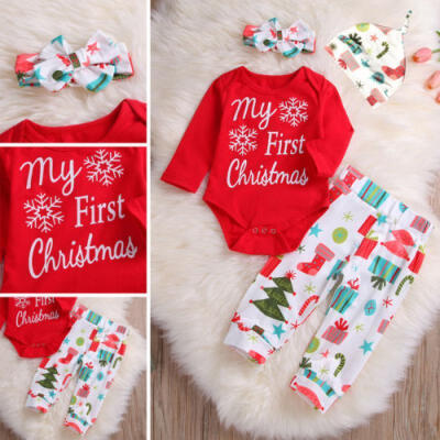 

My First Christmas 4PCS Set Newborn Baby Boy Girl Romper Pants Bodysuit Outfits