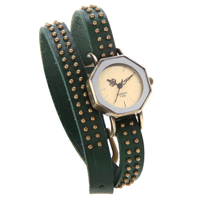 

Elegant Design Women Lady Quartz Wrist Watch Vintage Rivets Octagon Bronze Wrap Strap Bracelet