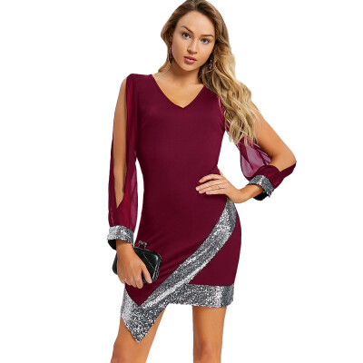 

Slit Sleeve Sequined Chiffon Party Dress