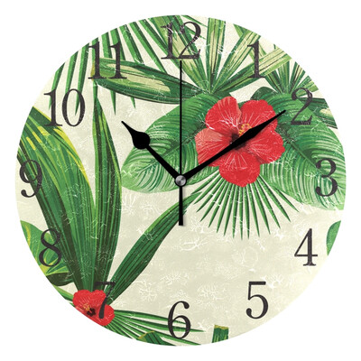

Wall Clock Arabic Numerals Design Tropical Leaves Hibiscus White Round