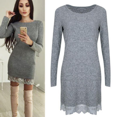 

Women Winter Lace Long Sleeve Mini Dress Knit Pullover Sweater Jumper Long Tops